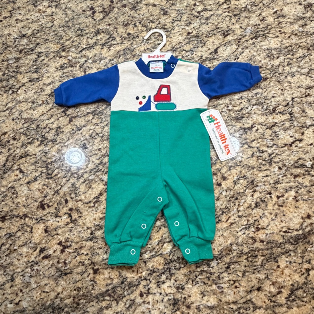 NEW Vintage Health-tex Boy Construction Truck Coverall Blue Green White 6 M ws